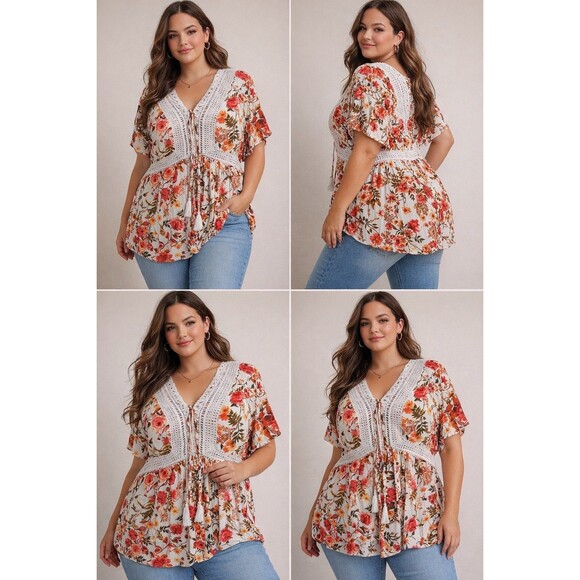 torrid Tops - Torrid Cottagecore Babydoll Crochet Trim Top Women 4X Floral Lace Up Tassel Boho